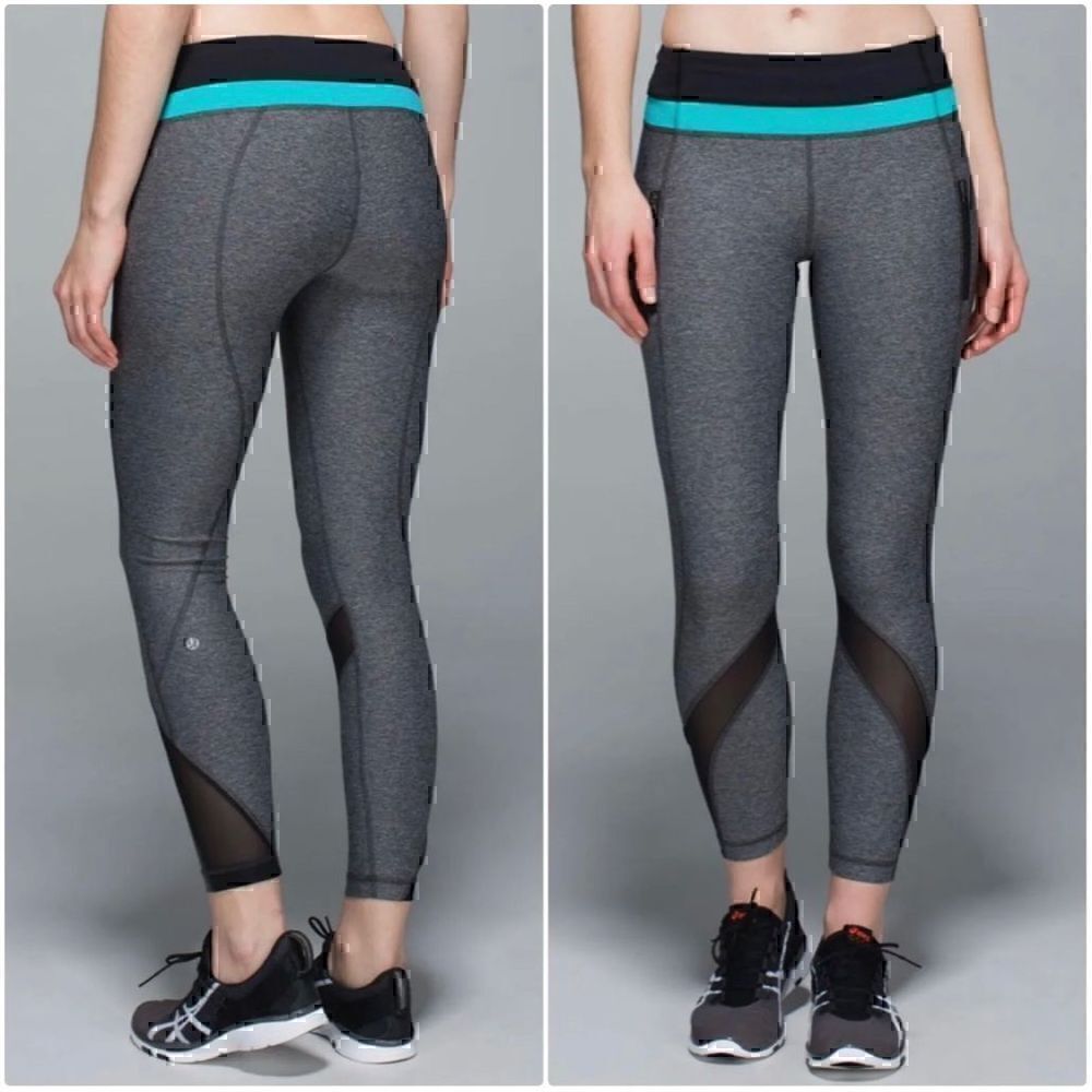 Lululemon Womens Size 4 Inspire Tight Mesh Heathered Black Blue Leggings Yoga